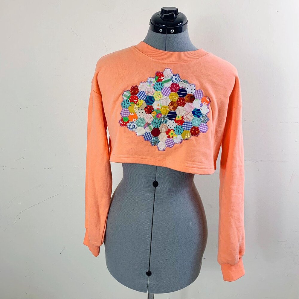 Ooak Upcycled Quilted Hexagon Patchwork Cropped S… - image 1
